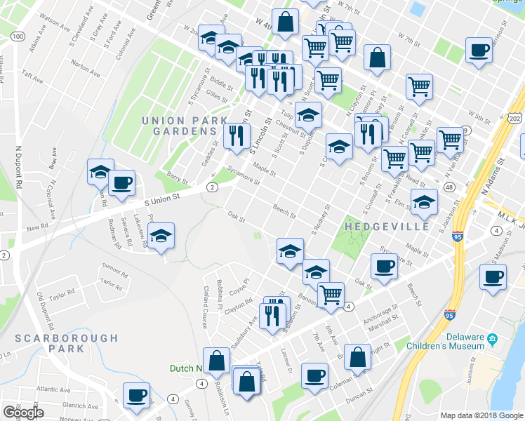 map of restaurants, bars, coffee shops, grocery stores, and more near 709 South Dupont Street in Wilmington