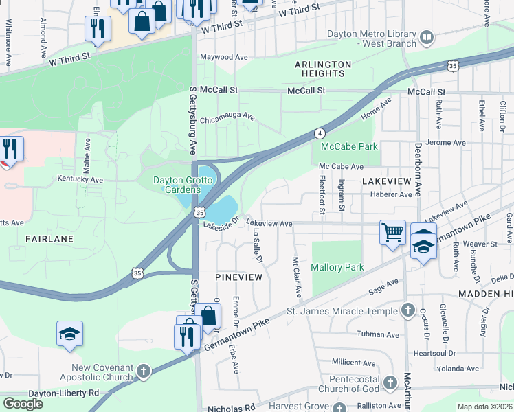 map of restaurants, bars, coffee shops, grocery stores, and more near 603 Bowie Drive in Dayton