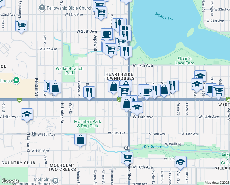 map of restaurants, bars, coffee shops, grocery stores, and more near 1536 Benton Street in Lakewood