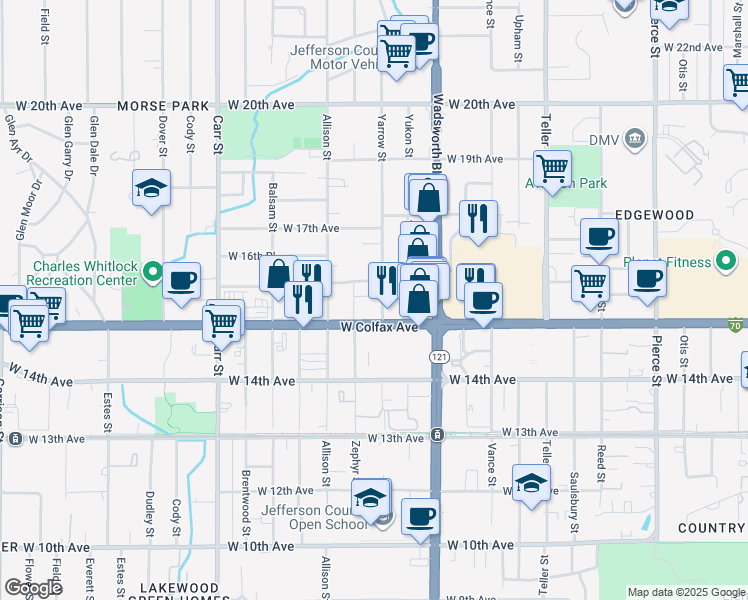 map of restaurants, bars, coffee shops, grocery stores, and more near 1545-1549 Yarrow Street in Lakewood