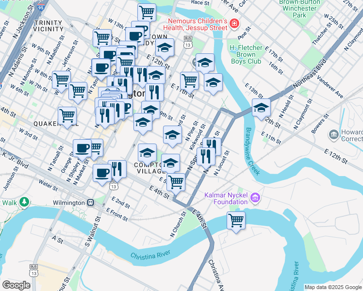 map of restaurants, bars, coffee shops, grocery stores, and more near 527 East 8th Street in Wilmington