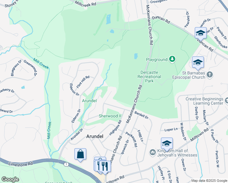 map of restaurants, bars, coffee shops, grocery stores, and more near 1102 Arundel Drive in Wilmington