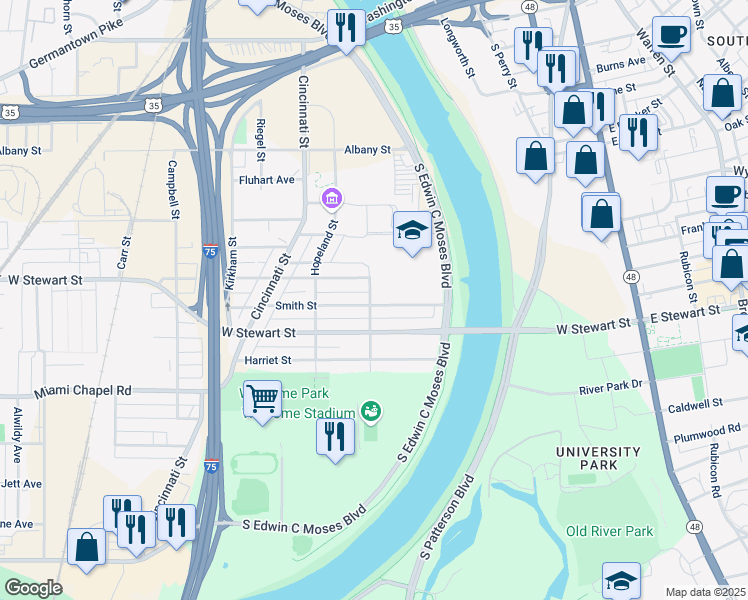map of restaurants, bars, coffee shops, grocery stores, and more near 281 Smith Street in Dayton