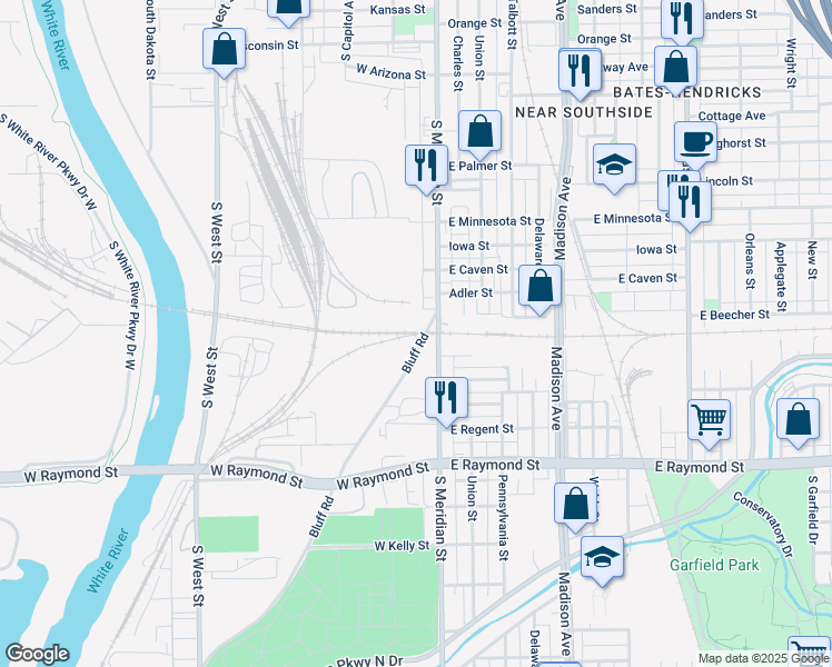 map of restaurants, bars, coffee shops, grocery stores, and more near 1934 Bluff Road in Indianapolis