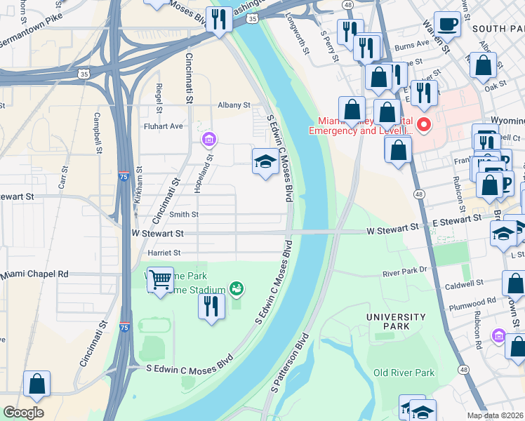 map of restaurants, bars, coffee shops, grocery stores, and more near 245 Smith Street in Dayton