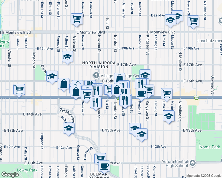 map of restaurants, bars, coffee shops, grocery stores, and more near 54 Ironton Street in Aurora