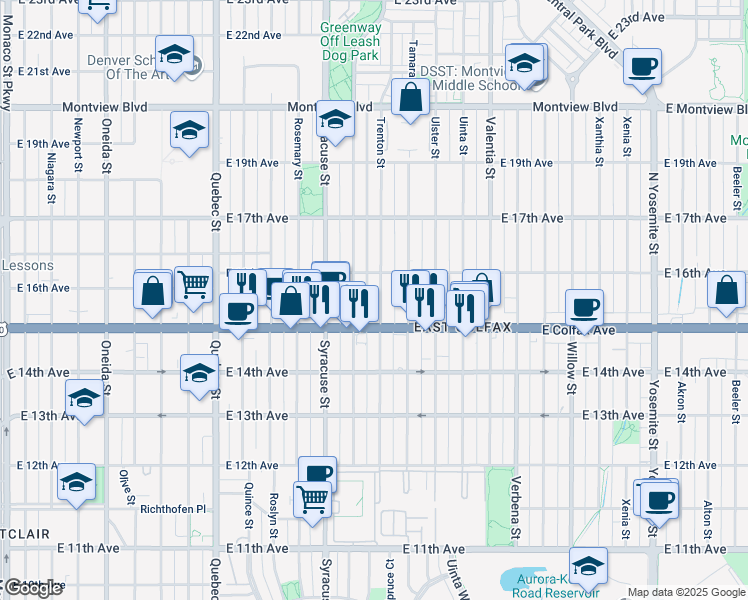 map of restaurants, bars, coffee shops, grocery stores, and more near 1537 Trenton Street in Denver