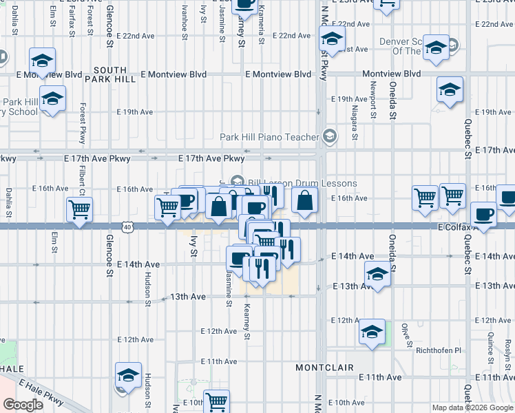 map of restaurants, bars, coffee shops, grocery stores, and more near 1540 Krameria Street in Denver