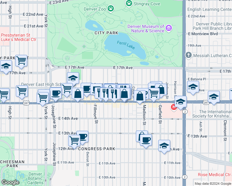 map of restaurants, bars, coffee shops, grocery stores, and more near 1541 Steele Street in Denver