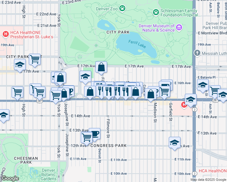 map of restaurants, bars, coffee shops, grocery stores, and more near 1550 Milwaukee Street in Denver