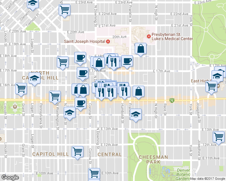 map of restaurants, bars, coffee shops, grocery stores, and more near 1555 Lafayette Street in Denver