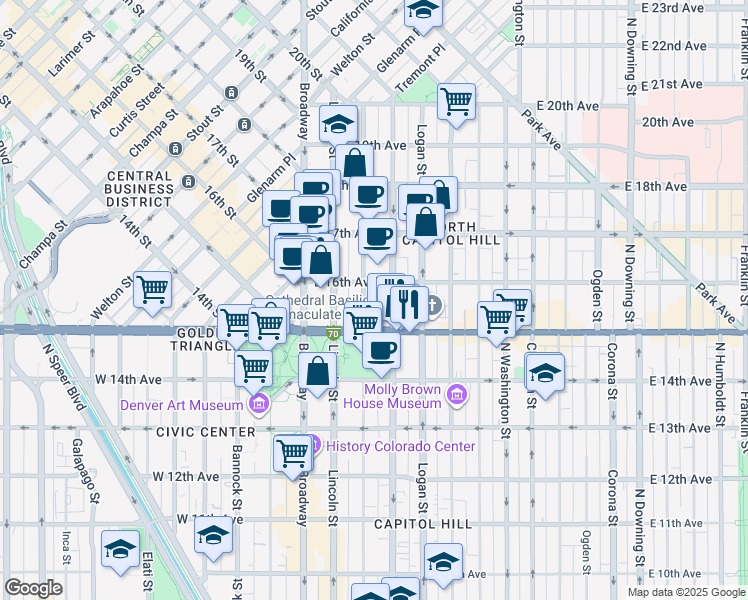 map of restaurants, bars, coffee shops, grocery stores, and more near 1540 Sherman Street in Denver