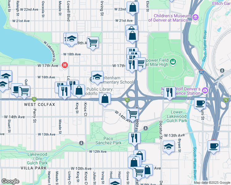 map of restaurants, bars, coffee shops, grocery stores, and more near 1525 Hooker Street in Denver