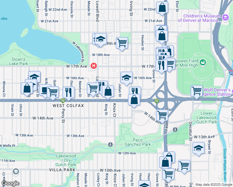 map of restaurants, bars, coffee shops, grocery stores, and more near 1525 Julian Street in Denver