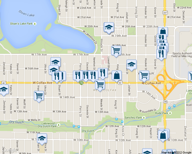 map of restaurants, bars, coffee shops, grocery stores, and more near in Denver