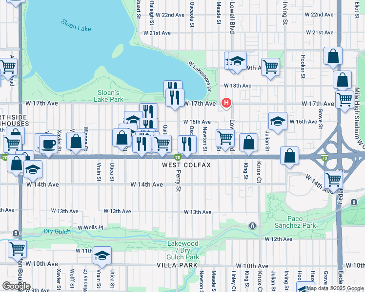 map of restaurants, bars, coffee shops, grocery stores, and more near in Denver