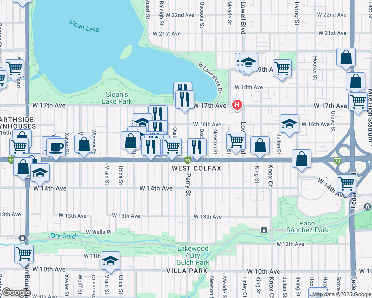 map of restaurants, bars, coffee shops, grocery stores, and more near 1525 Perry Street in Denver