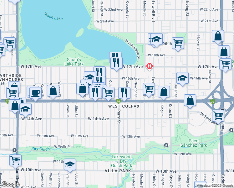 map of restaurants, bars, coffee shops, grocery stores, and more near in Denver