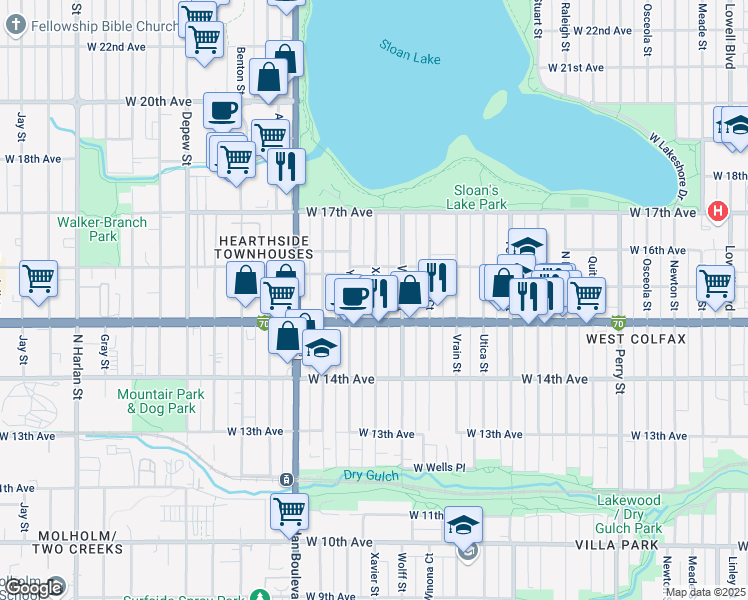 map of restaurants, bars, coffee shops, grocery stores, and more near 1516 Xavier Street in Denver