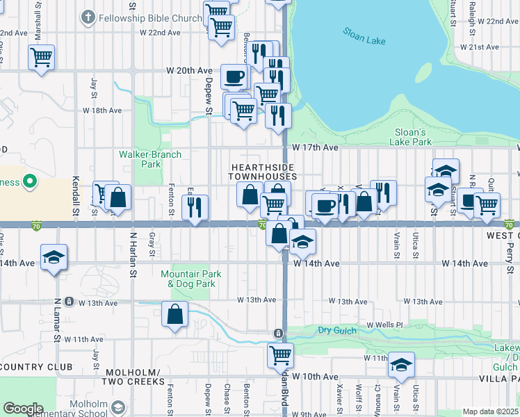 map of restaurants, bars, coffee shops, grocery stores, and more near 1536 Benton Street in Lakewood