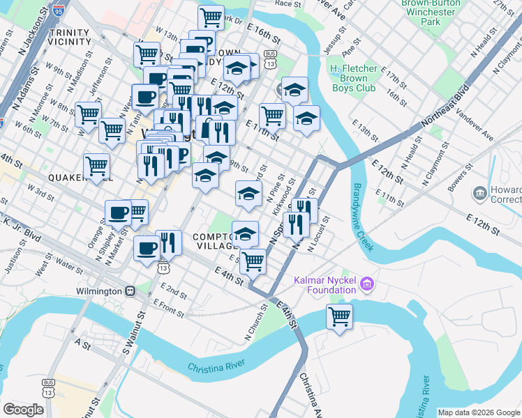 map of restaurants, bars, coffee shops, grocery stores, and more near 800 North Pine Street in Wilmington