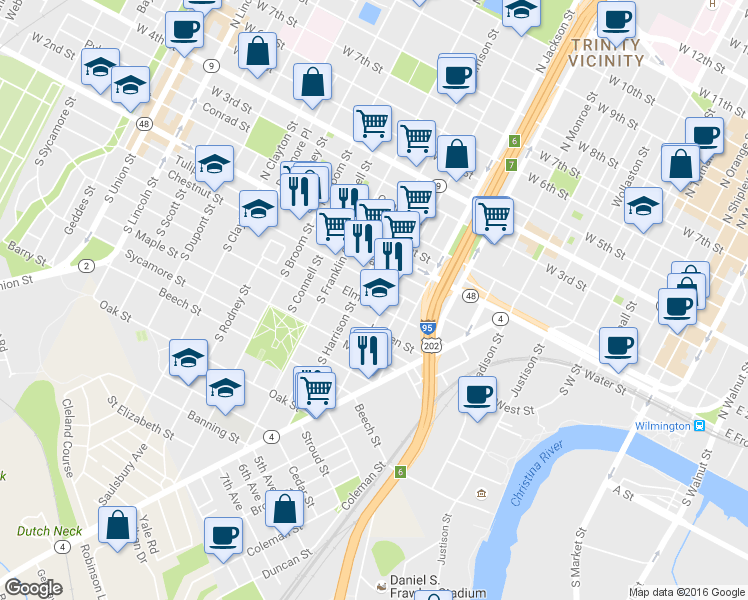 map of restaurants, bars, coffee shops, grocery stores, and more near 1128 Elm Street in Wilmington