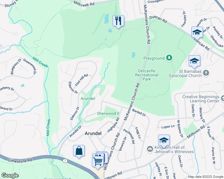 map of restaurants, bars, coffee shops, grocery stores, and more near 1102 Arundel Drive in Wilmington