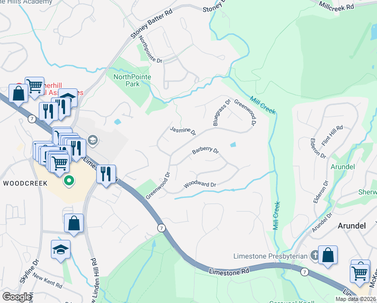 map of restaurants, bars, coffee shops, grocery stores, and more near 215 Barberry Drive in Wilmington