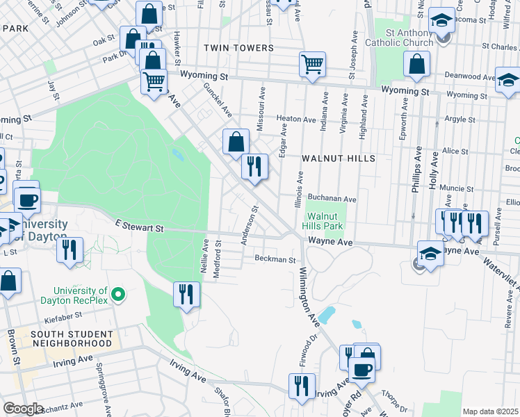 map of restaurants, bars, coffee shops, grocery stores, and more near 2119 Wayne Avenue in Dayton