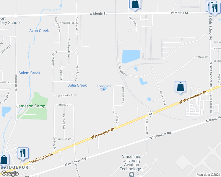 map of restaurants, bars, coffee shops, grocery stores, and more near 1736 Hamblen Drive West in Indianapolis