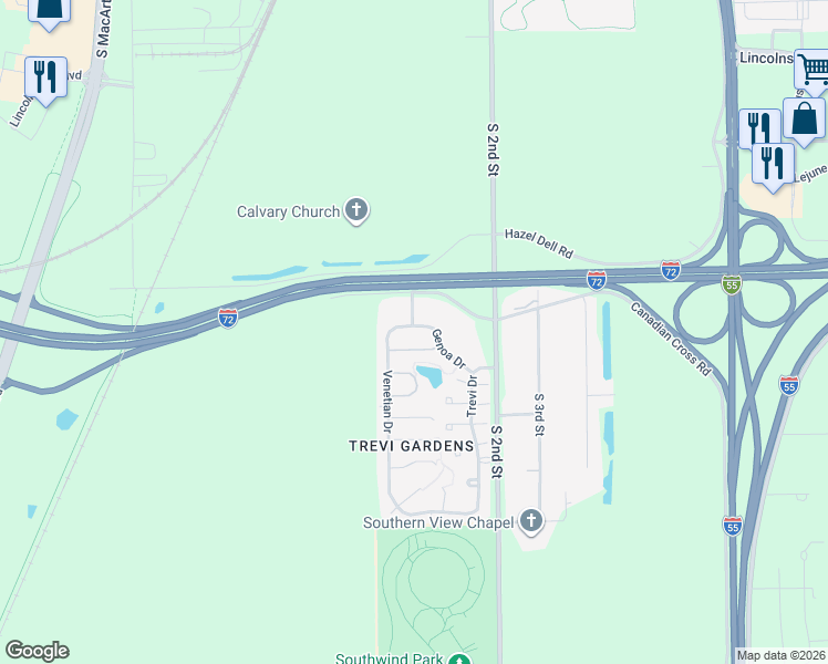 map of restaurants, bars, coffee shops, grocery stores, and more near 124 Genoa Drive in Springfield