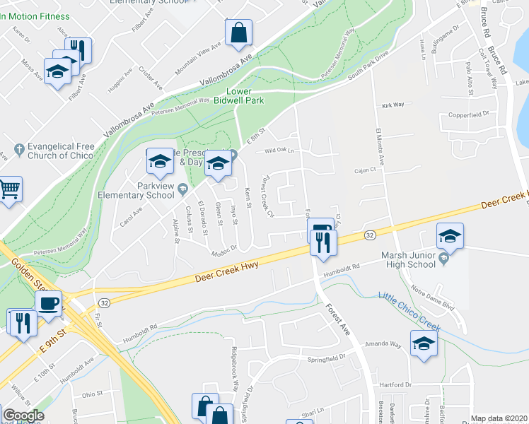 map of restaurants, bars, coffee shops, grocery stores, and more near 1 Mindy Court in Chico