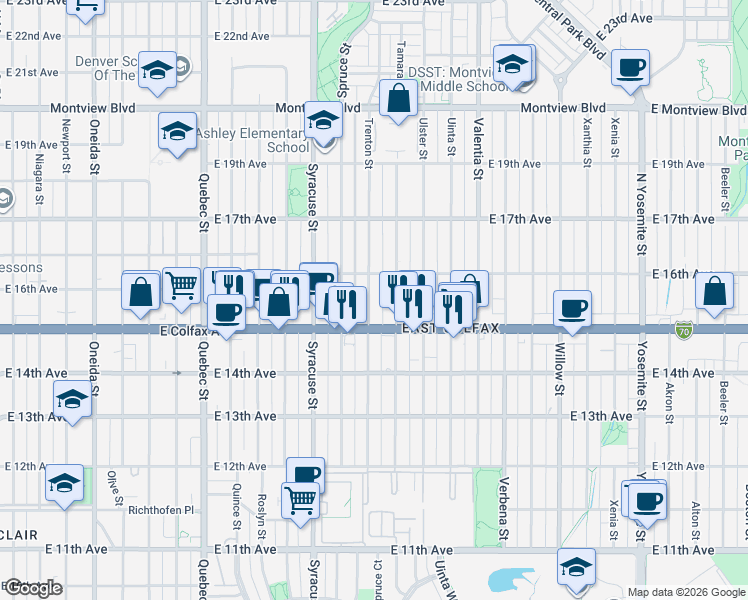 map of restaurants, bars, coffee shops, grocery stores, and more near 1546 Trenton Street in Denver