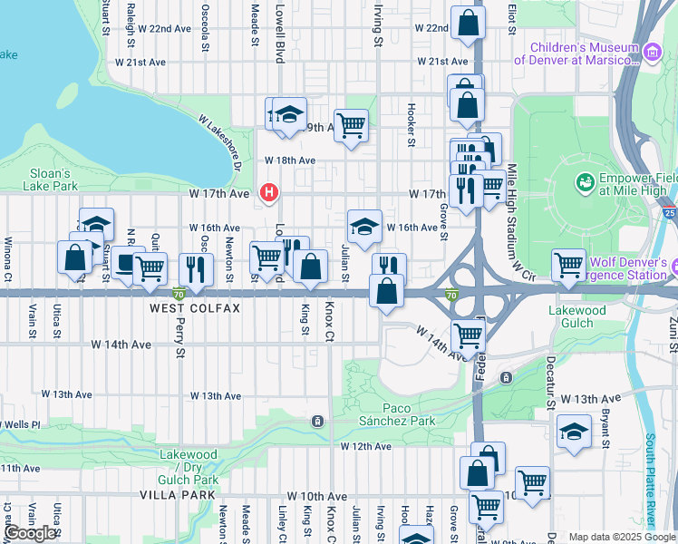 map of restaurants, bars, coffee shops, grocery stores, and more near 1515 Julian Street in Denver