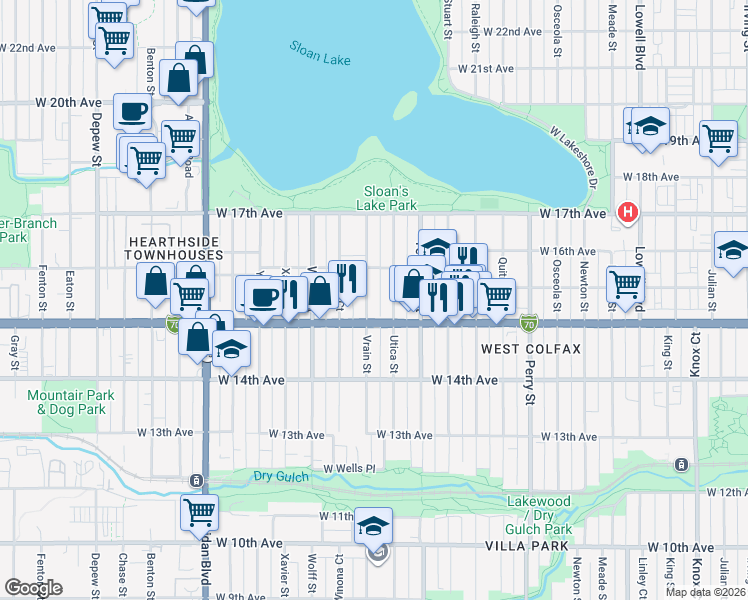 map of restaurants, bars, coffee shops, grocery stores, and more near 1515 Vrain Street in Denver