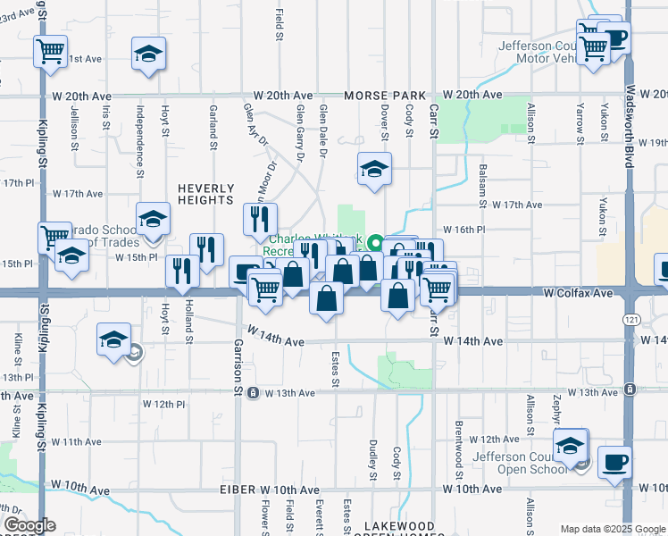 map of restaurants, bars, coffee shops, grocery stores, and more near 1510 Glen Ayr Drive in Lakewood