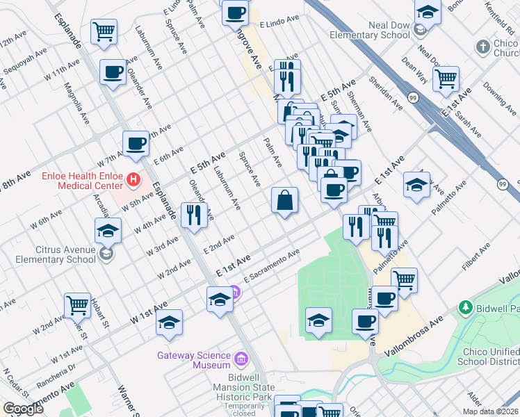 map of restaurants, bars, coffee shops, grocery stores, and more near 1223 Spruce Avenue in Chico