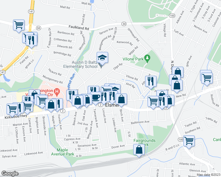 map of restaurants, bars, coffee shops, grocery stores, and more near 3 Rigdon Road in Elsmere