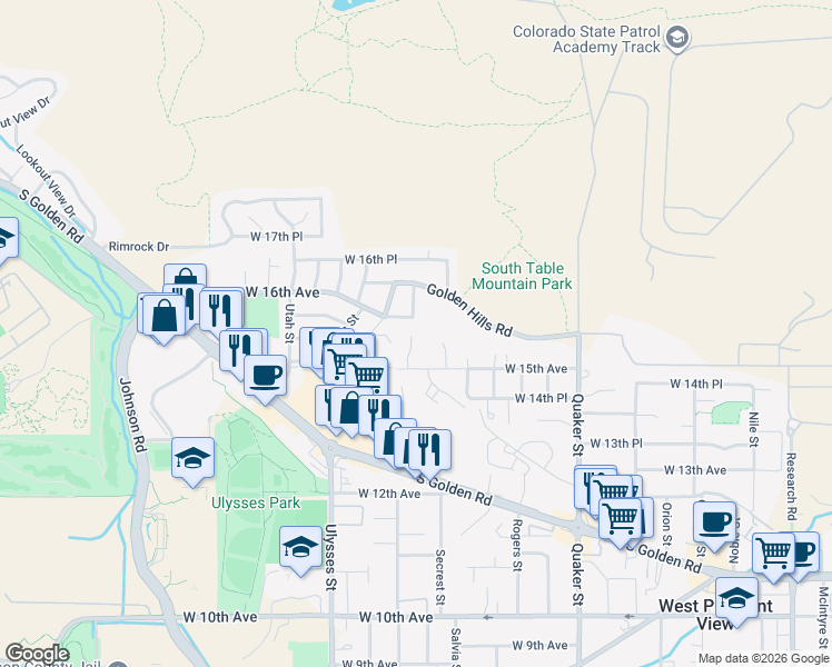 map of restaurants, bars, coffee shops, grocery stores, and more near 1546 Secrest Court in Golden