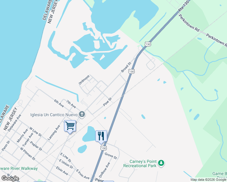 map of restaurants, bars, coffee shops, grocery stores, and more near 308 Pine St in Carneys Point Township