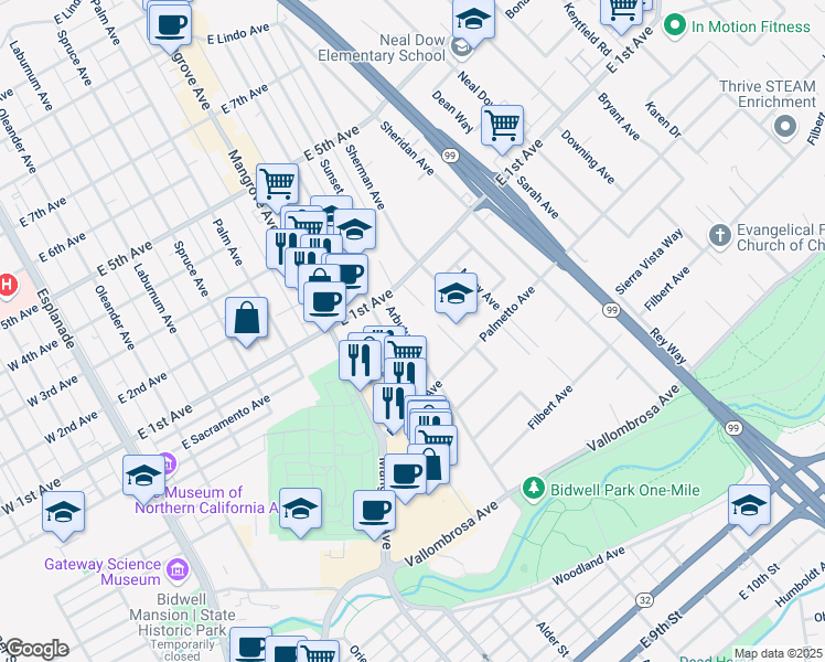map of restaurants, bars, coffee shops, grocery stores, and more near 1004 Arbutus Avenue in Chico