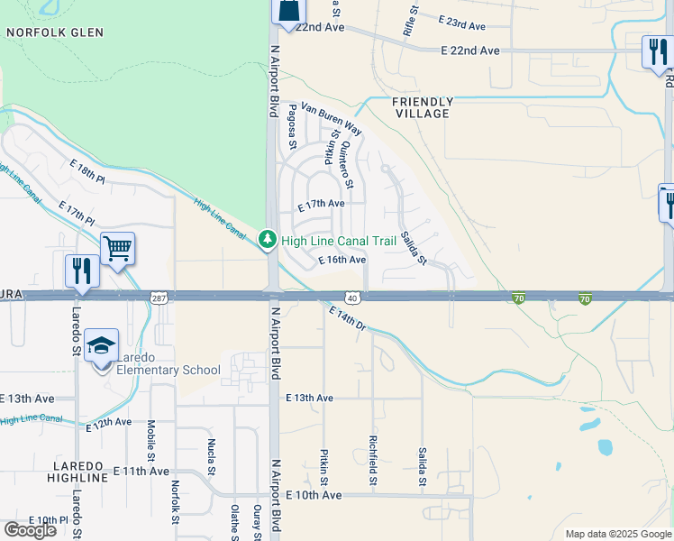 map of restaurants, bars, coffee shops, grocery stores, and more near 1600 Pitkin Street in Aurora
