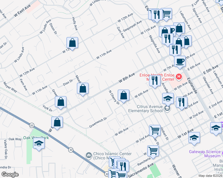 map of restaurants, bars, coffee shops, grocery stores, and more near 1720 North Cherry Street in Chico