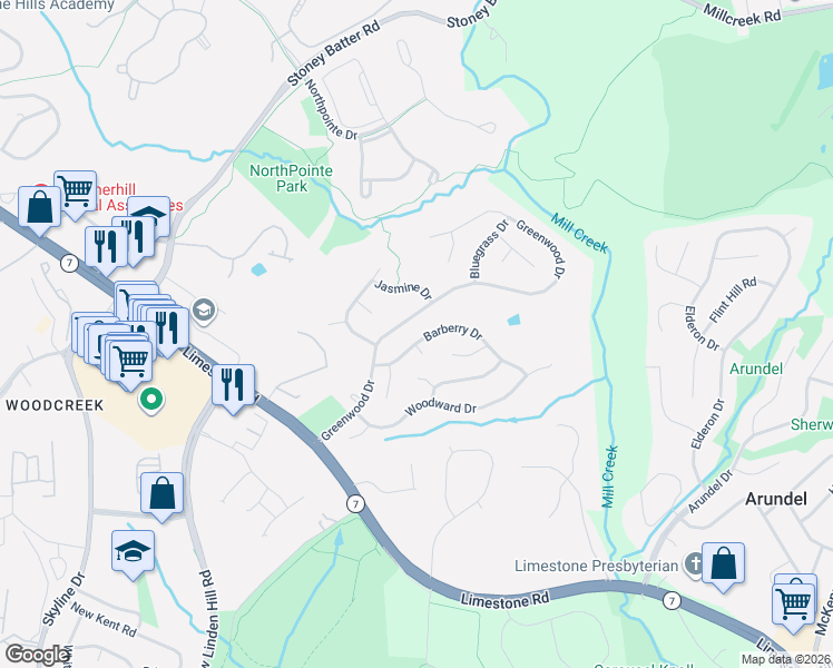 map of restaurants, bars, coffee shops, grocery stores, and more near 215 Barberry Drive in Wilmington
