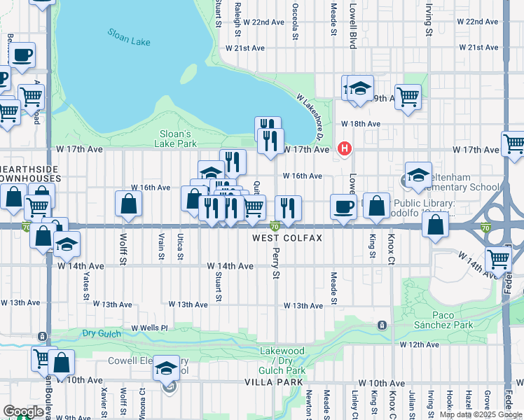 map of restaurants, bars, coffee shops, grocery stores, and more near 1524 Quitman Street in Denver