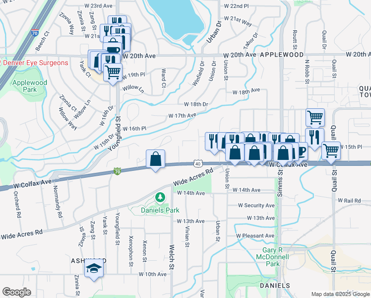 map of restaurants, bars, coffee shops, grocery stores, and more near 12345 West Colfax Avenue in Lakewood