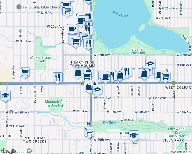 map of restaurants, bars, coffee shops, grocery stores, and more near 5125 West Colfax Avenue in Denver