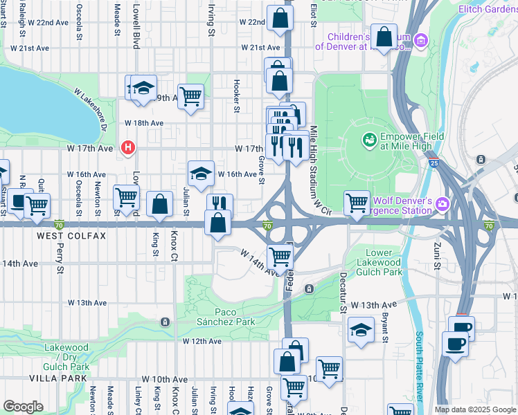 map of restaurants, bars, coffee shops, grocery stores, and more near 1535 Grove Street in Denver