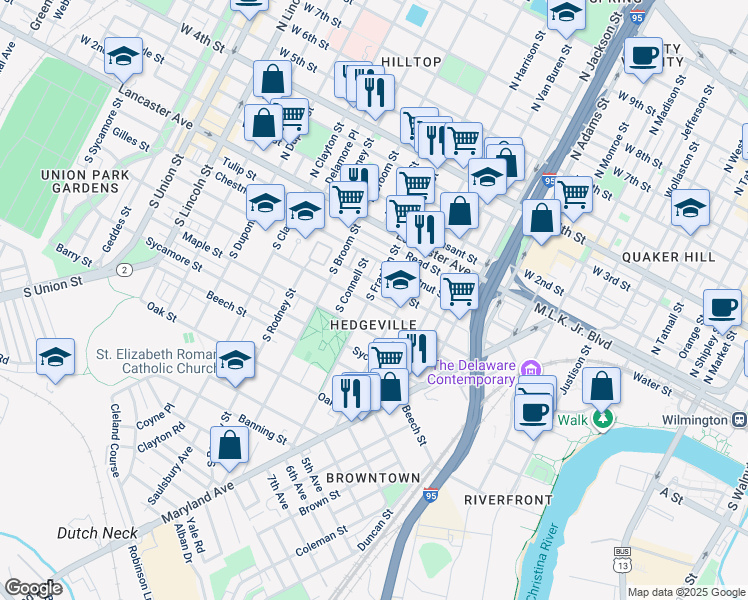 map of restaurants, bars, coffee shops, grocery stores, and more near 1237 Linden Street in Wilmington