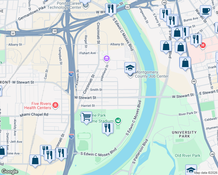 map of restaurants, bars, coffee shops, grocery stores, and more near 331 Smith St in Dayton